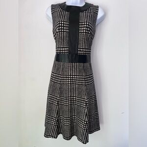 J. McLaughlin Women's Sz M Black & Ivory Plaid Fit & Flare Dress W Faux Leather